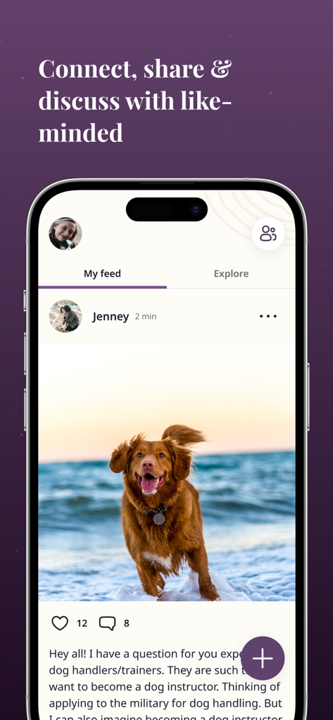 Screenshot of the Petli app showing a social feed where dog parents share photos and connect with a like-minded community