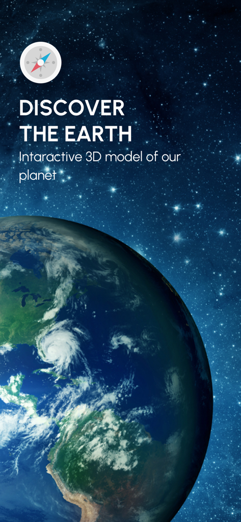 Earth viewed from space with a compass icon and text describing it as an interactive 3D model