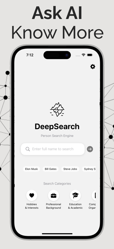 DeepSearch AI - Person Search - DeepSearch AI mobile app home screen for person search featuring iceberg logo and search categories