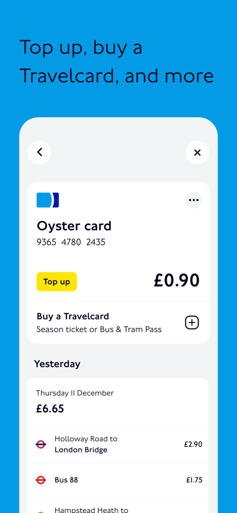 TfL Go: Plan, Pay, Travel - Oyster card management screen in the TfL Go app showing balance top up and journey history details