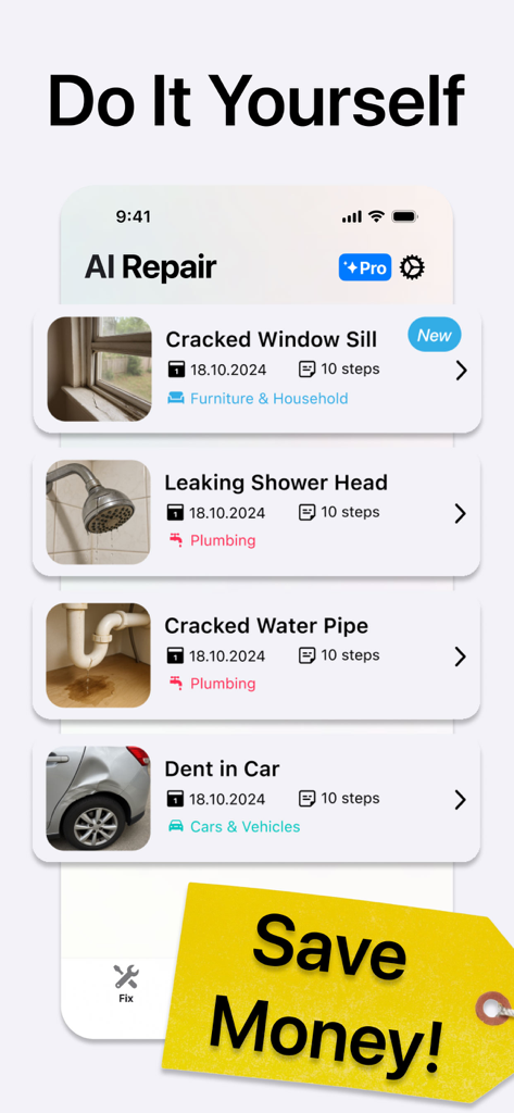 AI Repair: DIY Home Fix Guide - AI Repair app interface showing DIY home repair guides for plumbing and household fixes with a Save Money tag