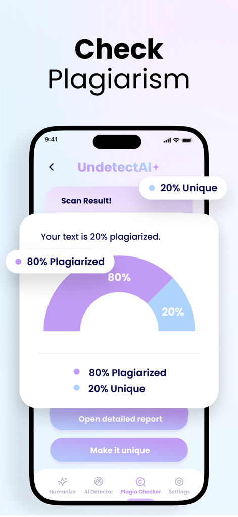 AI Text Humanizer : UndetectAI - A mobile phone screen showing a plagiarism scan result within the UndetectAI app featuring a circular chart with eighty percent plagiarized and twenty percent unique text indicators
