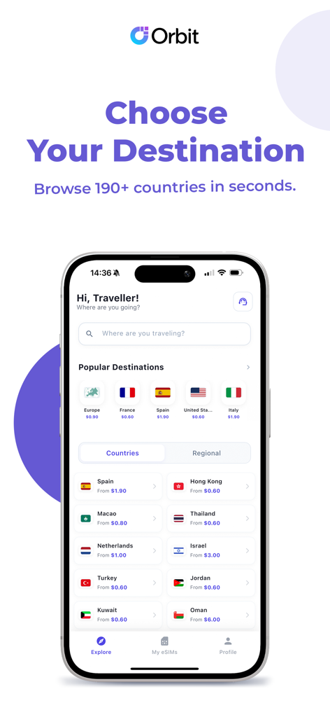 Orbit eSIM - Orbit eSIM mobile app interface showing a list of international travel destinations and data plan prices.