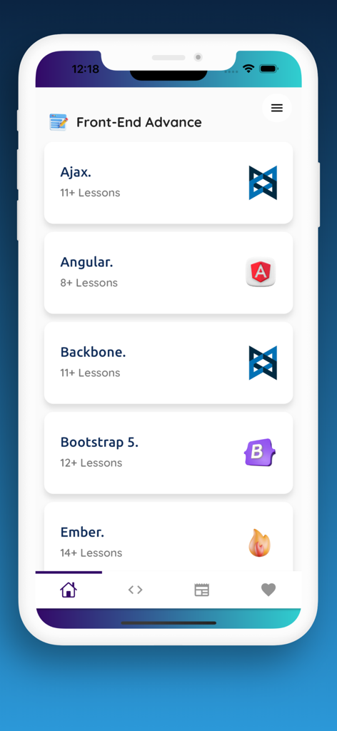 Screenshot der Web Development Bootcamp App-Oberfläche, die fortgeschrittene Front-End-Programmierlektionen für Frameworks wie Angular und Bootstrap anzeigt