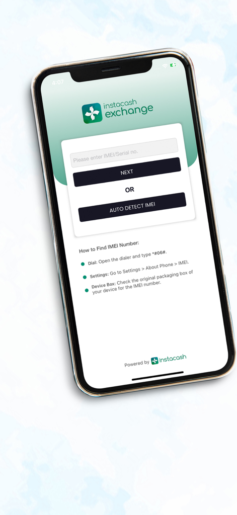 Smartphone screen of the InstaCash Exchange app showing the IMEI and serial number entry interface with an auto-detect option.