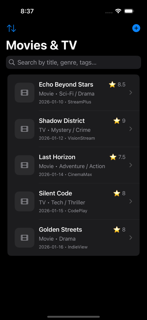 Movies Watch Logger - A list of watched movies and TV shows with ratings and streaming platforms in the Movies Watch Logger app.
