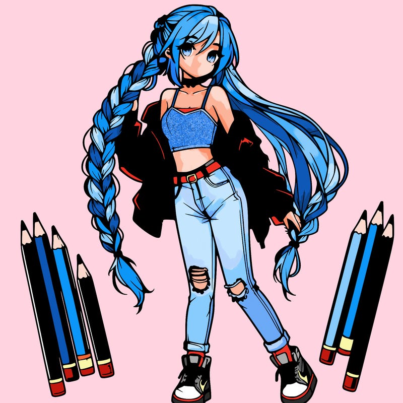 an anime themed girl with beautiful braid reaching their waist, they are wearing a cropped top and ripped jeans with high tops and a leather jacket