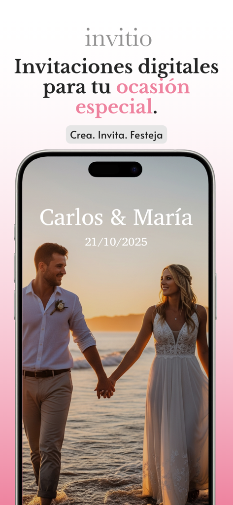 Invitio Events - Smartphone screen showing a digital wedding invitation with a couple at sunset.