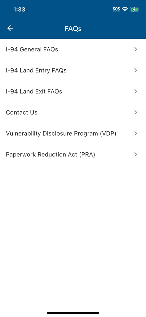Bildschirm mit FAQs und Kontaktmenü der CBP Link App