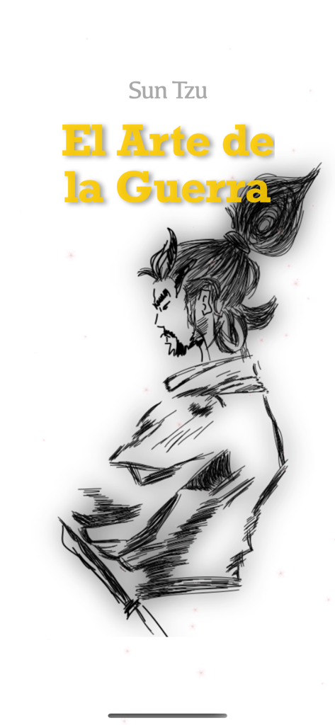 El Arte de la Guerraアプリのカバー画面。戦士のスケッチと黄色のタイトルが表示されています。