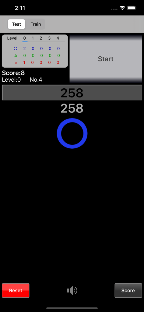 Kinetic Visual Acuity - Interfaz del modo de prueba de la aplicación Agudeza Visual Cinética con seguimiento de puntuación y ejercicios de visión