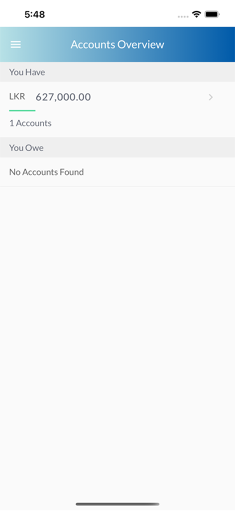 MCB Sri Lanka Mobile Banking - MCBスリランカ モバイルバンキングの口座概要画面（残高を表示）