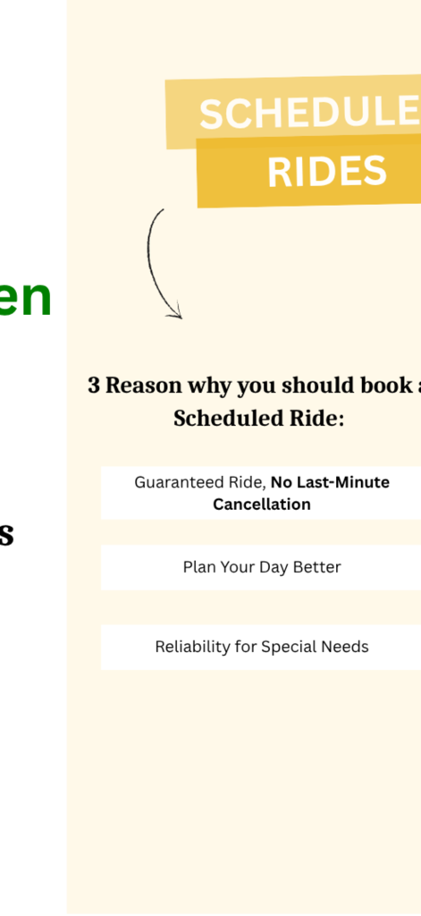 Fery Rides - A list of benefits for scheduling a ride in the Fery Rides app including no last minute cancellations and reliability
