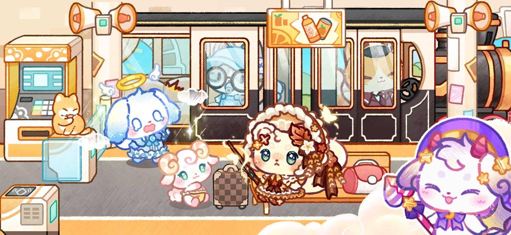 Lovely Cat World: Avatar Life - Kawaii characters in fancy outfits at a colorful train station