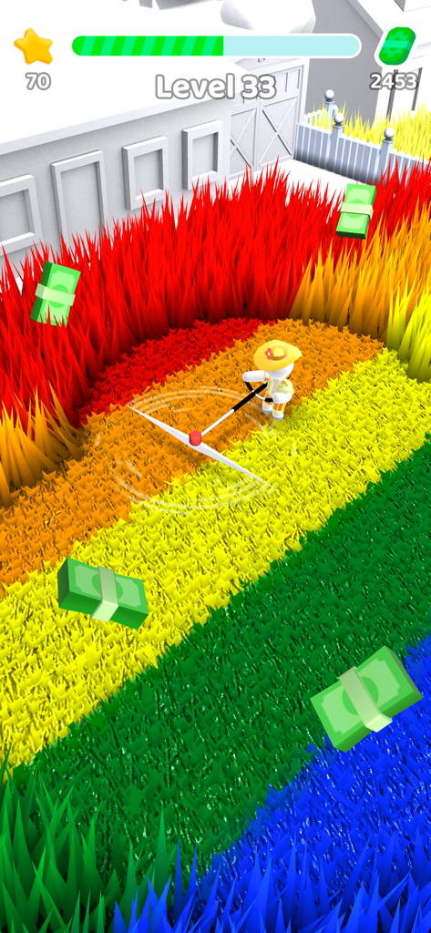A character mows vibrant rainbow colored grass in a 3D backyard at level 33
