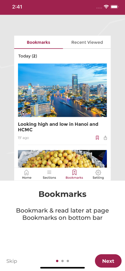 VnExpress International app Bookmarks screen for saving and reading news later