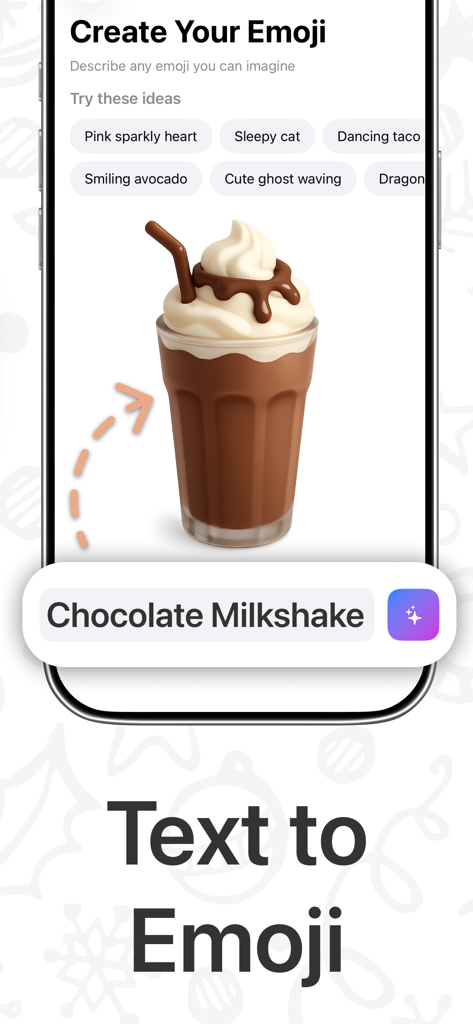 Mojify: AI Emoji Maker - The Mojify app interface showing a 3D chocolate milkshake emoji generated from a text prompt