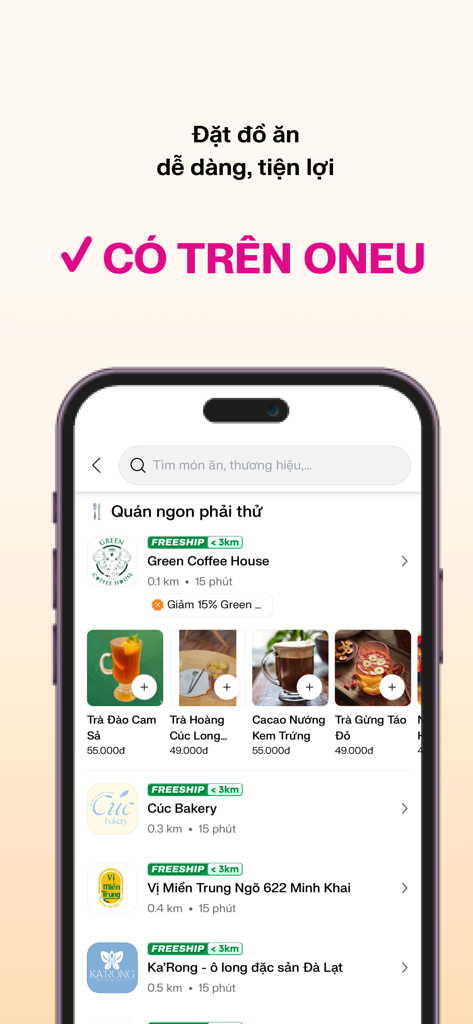 OneU: Thanh toán & nhận ưu đãi - Interface de l'application mobile OneU pour la livraison de repas et la sélection de restaurants