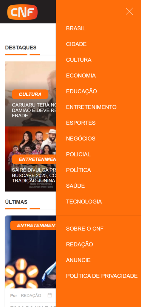 CNF - Menu de navegação lateral do aplicativo CNF mostrando várias categorias de notícias como Cultura e Esportes em português