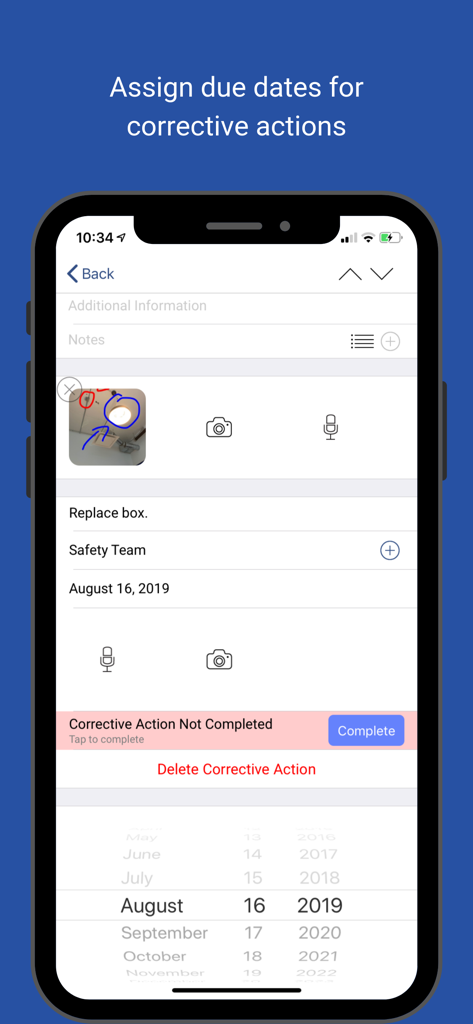 Nimonik - Inspect & Registers - Interface of the Nimonik app showing the assignment of a due date for a corrective action during a safety inspection.