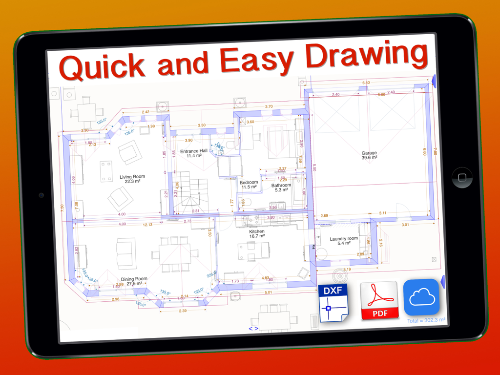 ArchiTouch 3D - Home Design - Planta baixa arquitetônica 2D detalhada exibida na tela de um iPad