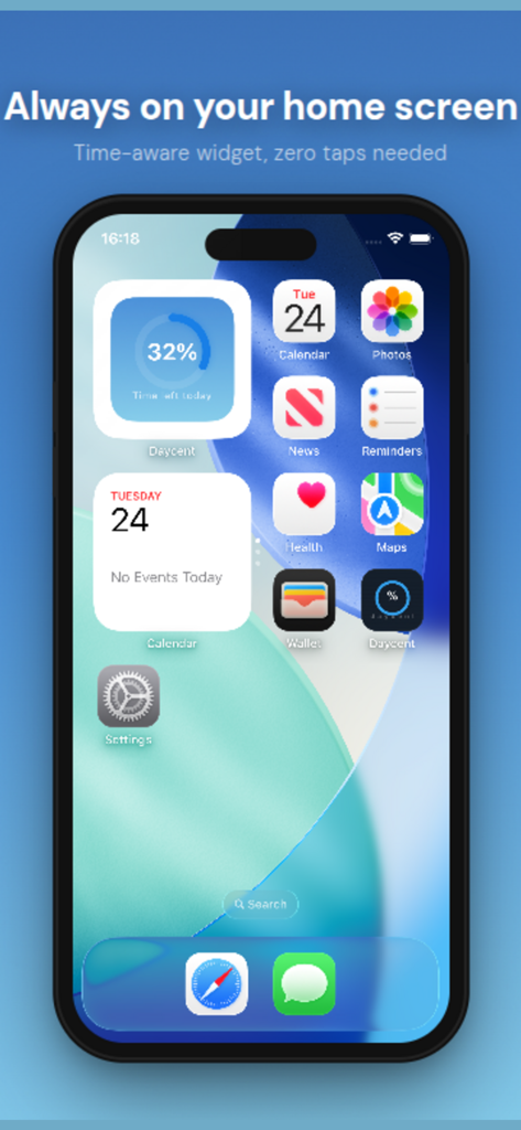 Daycent - Day Progress Tracker - Daycent circular time tracker widget on an iPhone home screen