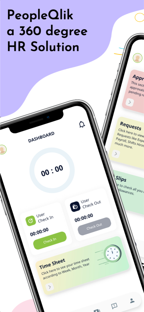 PeopleQlik HR System - PeopleQlik HR System mobile dashboard showing employee check-in and time sheet features