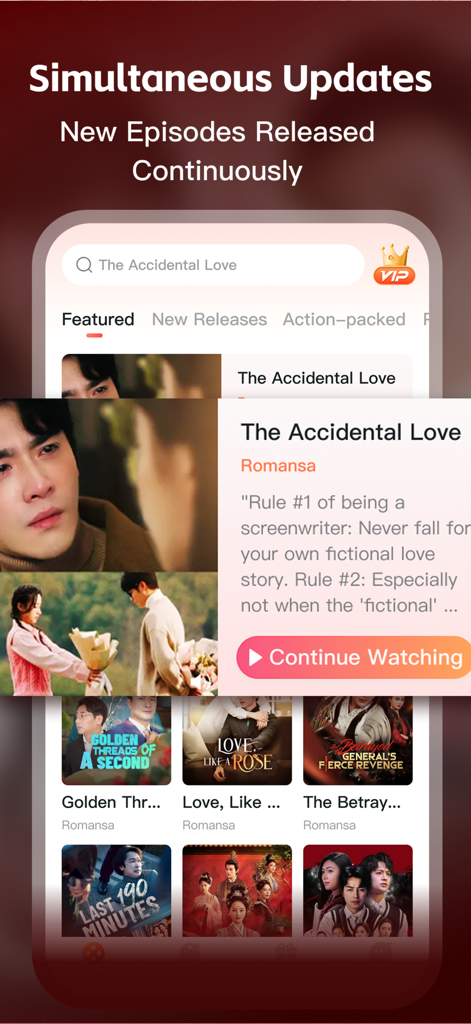 SnapDrama app interface featuring short drama series titles like The Accidental Love and Golden Threads of a Second with a continue watching button.