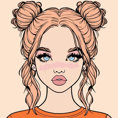 realistic girl with two buns in hair and lips