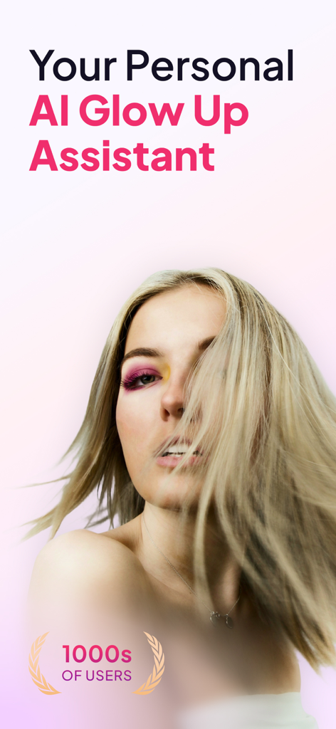 A young woman with colorful eye makeup featured on a promotional screen for the GlowX AI beauty assistant app