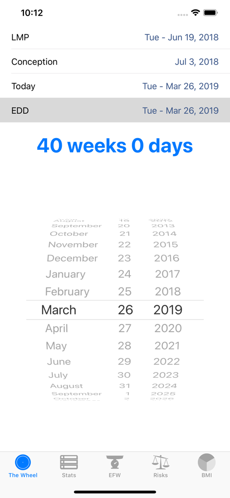 The OB Wheel Pro 7 - The OB Wheel Pro 7 app interface calculating 40 weeks gestational age.