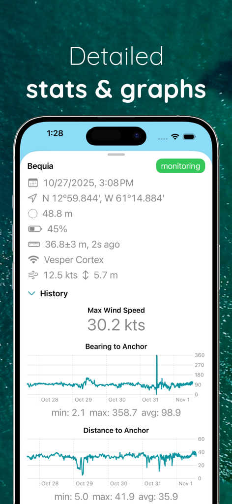 Hooked: Remote Anchor Alarm - Captura de pantalla de la aplicación Hooked que muestra estadísticas y gráficos detallados de monitoreo de ancla, incluida la velocidad del viento y la distancia