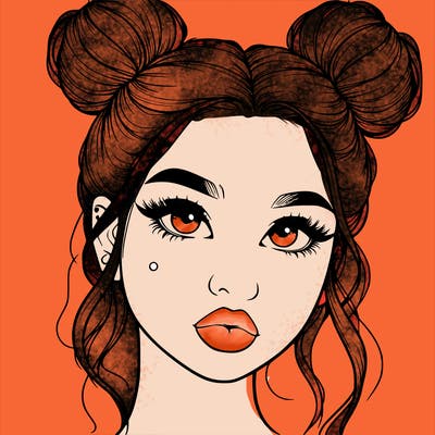 realistic girl with two buns on her hair and lips
