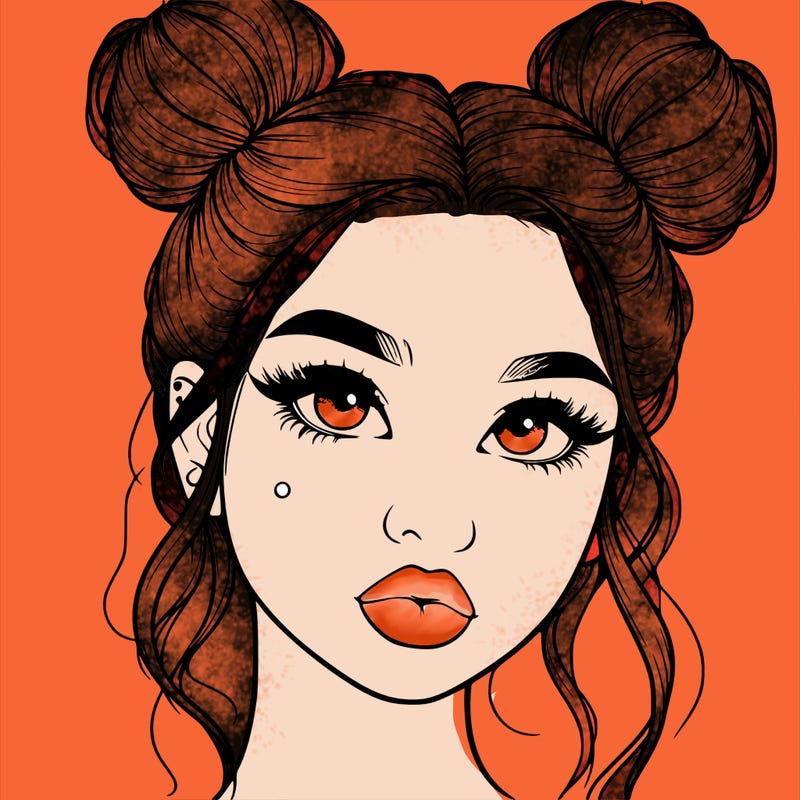 realistic girl with two buns on her hair and lips