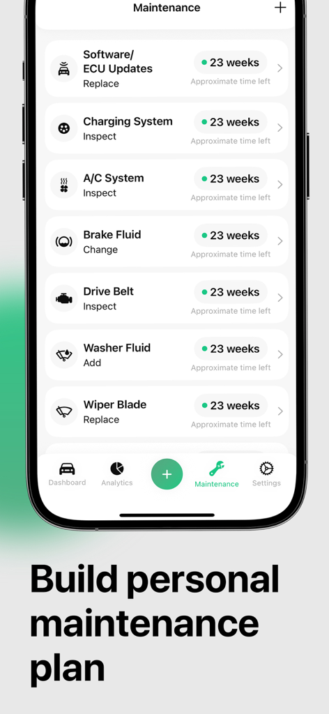 AutoIQ: Сar maintenance log - Una interfaz móvil de la aplicación AutoIQ que muestra un plan de mantenimiento personalizado con una lista de tareas como cambio de líquido de frenos e inspección de la correa de transmisión con cuenta regresiva.