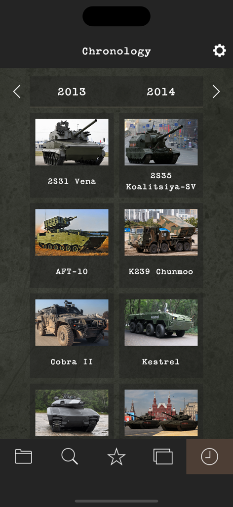 Chronology view of the Modern Military Vehicles app showing a grid of tanks and armored vehicles sorted by year.