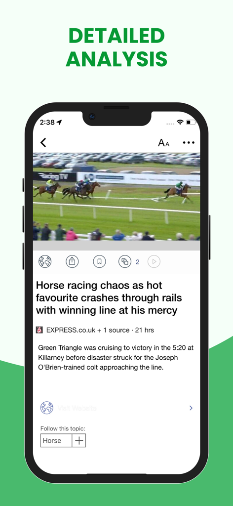Horse Racing Derby News & Tips - Pantalla de smartphone que muestra un artículo detallado de noticias de carreras de caballos con video y texto
