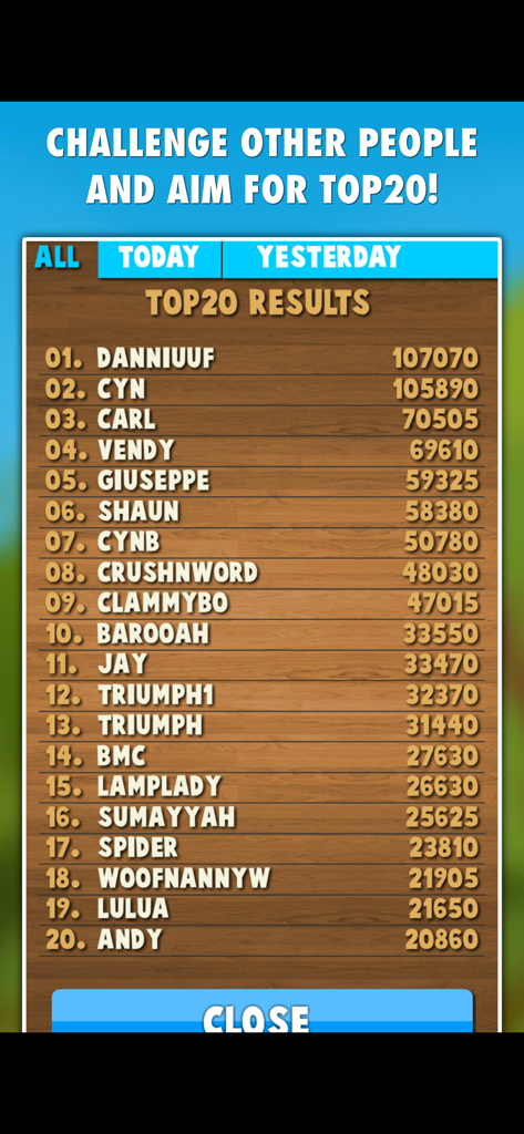 Word Crush PRO - Word Crush PRO global leaderboard showing the top 20 players and their high scores