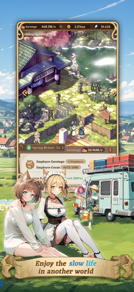Personagens em estilo anime sentados na grama em frente a um resort de primavera e uma caravana na interface do jogo Isekai Slow Life