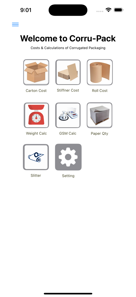 Main menu of Corru-Pack app showing calculation tools for carton cost, roll cost, and weight.