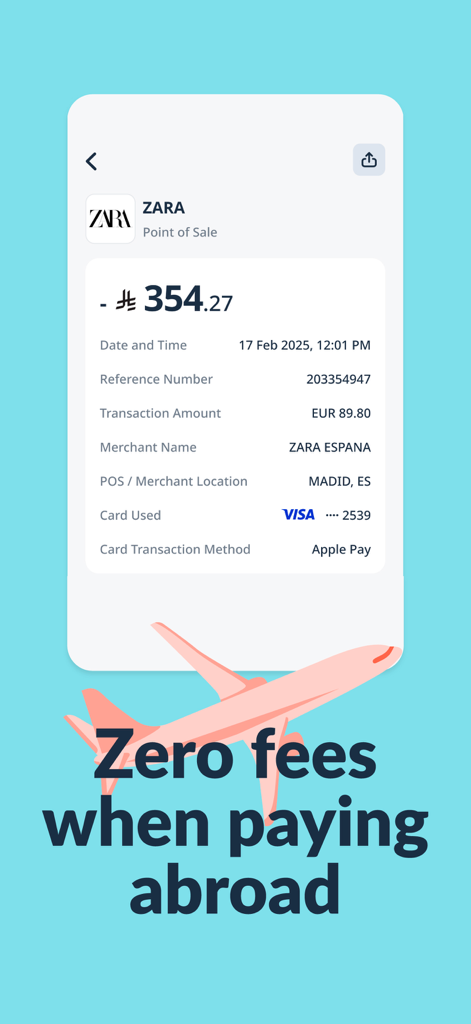 D360 Bank app transaction receipt showing zero fees for a purchase made in Spain.
