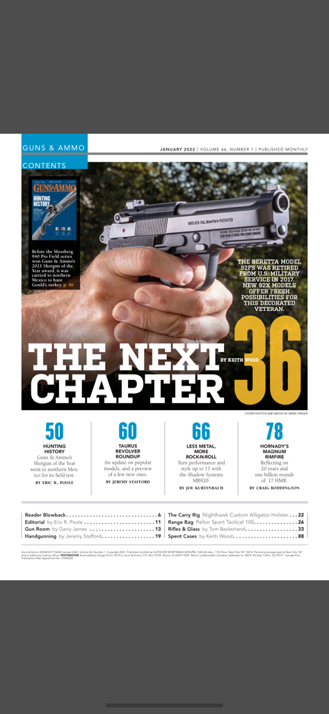 Guns & Ammo - Table of contents page of the Guns and Ammo mobile app showing featured articles and a handgun image
