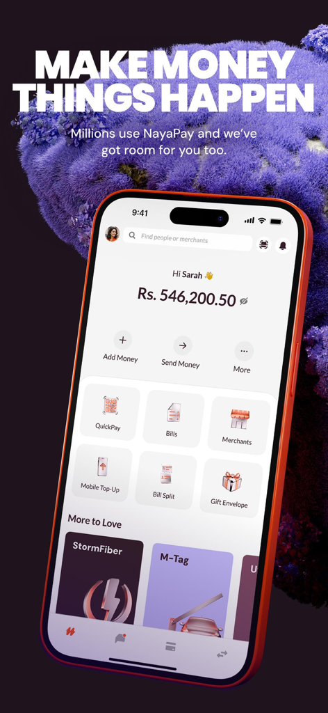 Smartphone screen displaying the NayaPay digital wallet interface with account balance and financial service icons