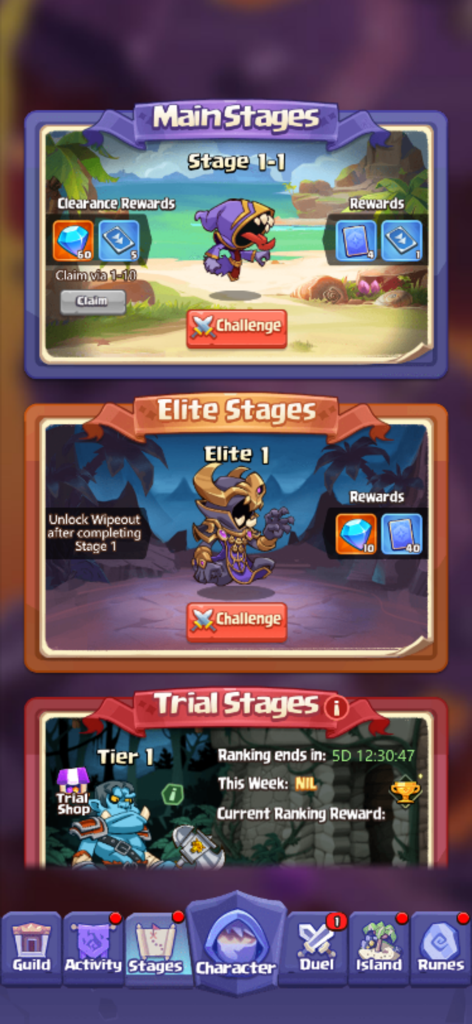 Rage Mage - Interface of Rage Mage showing Main Elite and Trial stage challenges
