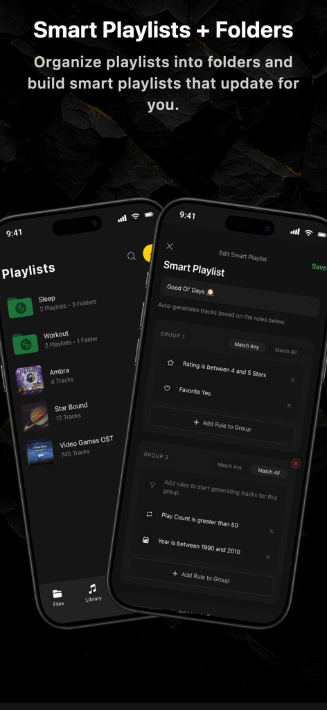 Offline MP3 Cloud Music Player - Pantallas de smartphone que muestran las reglas de listas de reproducción inteligentes y las carpetas de música organizadas