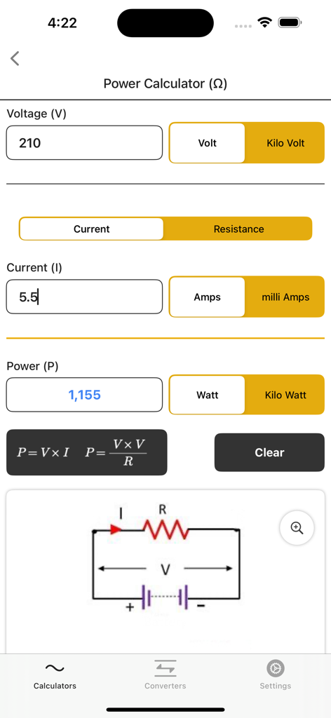 Electrical Calculator lite - Interfaz de calculadora de potencia para electricistas que muestra resultados de voltaje, corriente y vatios.