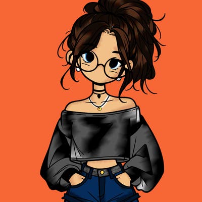 girl with a messy ponytail glasses a baggy crop top and jean shorts