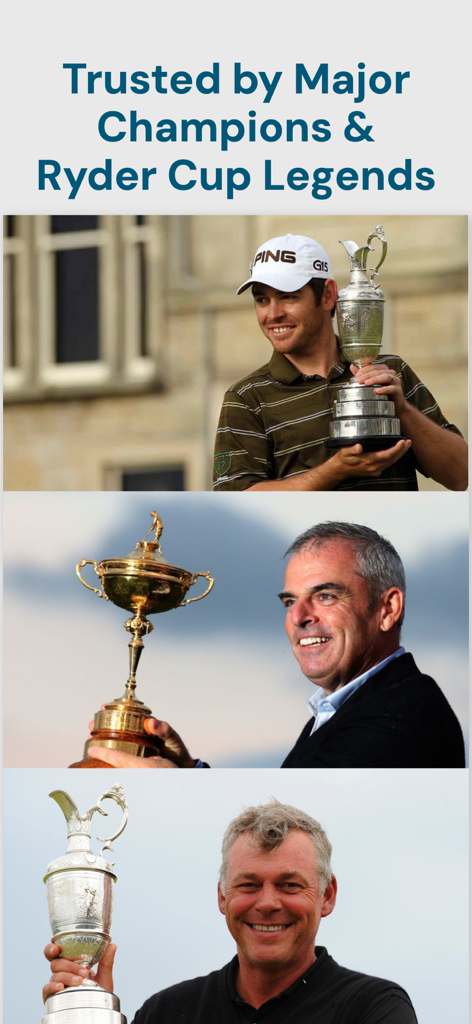 Professional golfers holding major championship and Ryder Cup trophies as social proof for the Mind Caddie app