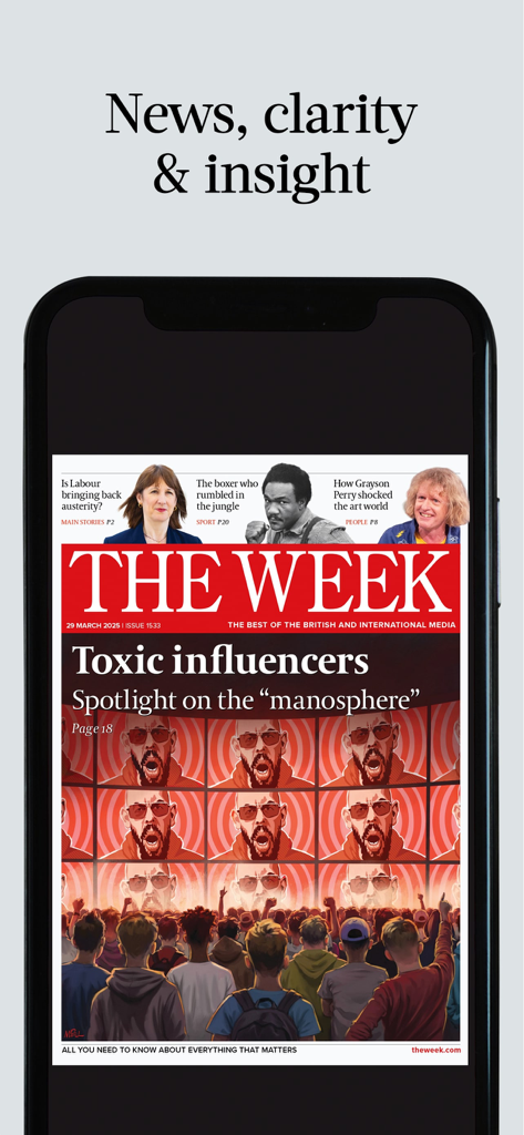 The Week - UK Edition - A smartphone displaying the cover of The Week UK Edition magazine featuring headlines about global news and culture.