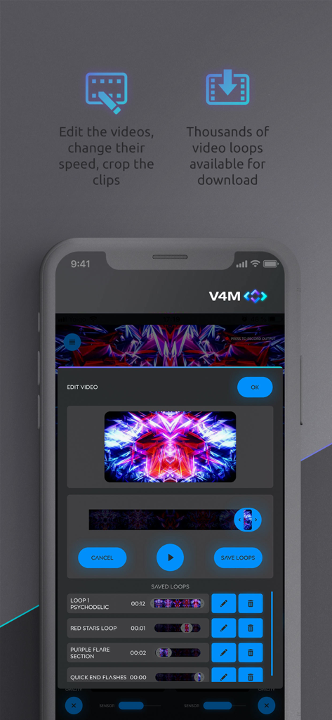 V4M — Visuals for Music - Interfaz de la app V4M mostrando herramientas de edición de bucles de video y una lista de visuales psicodélicos guardados